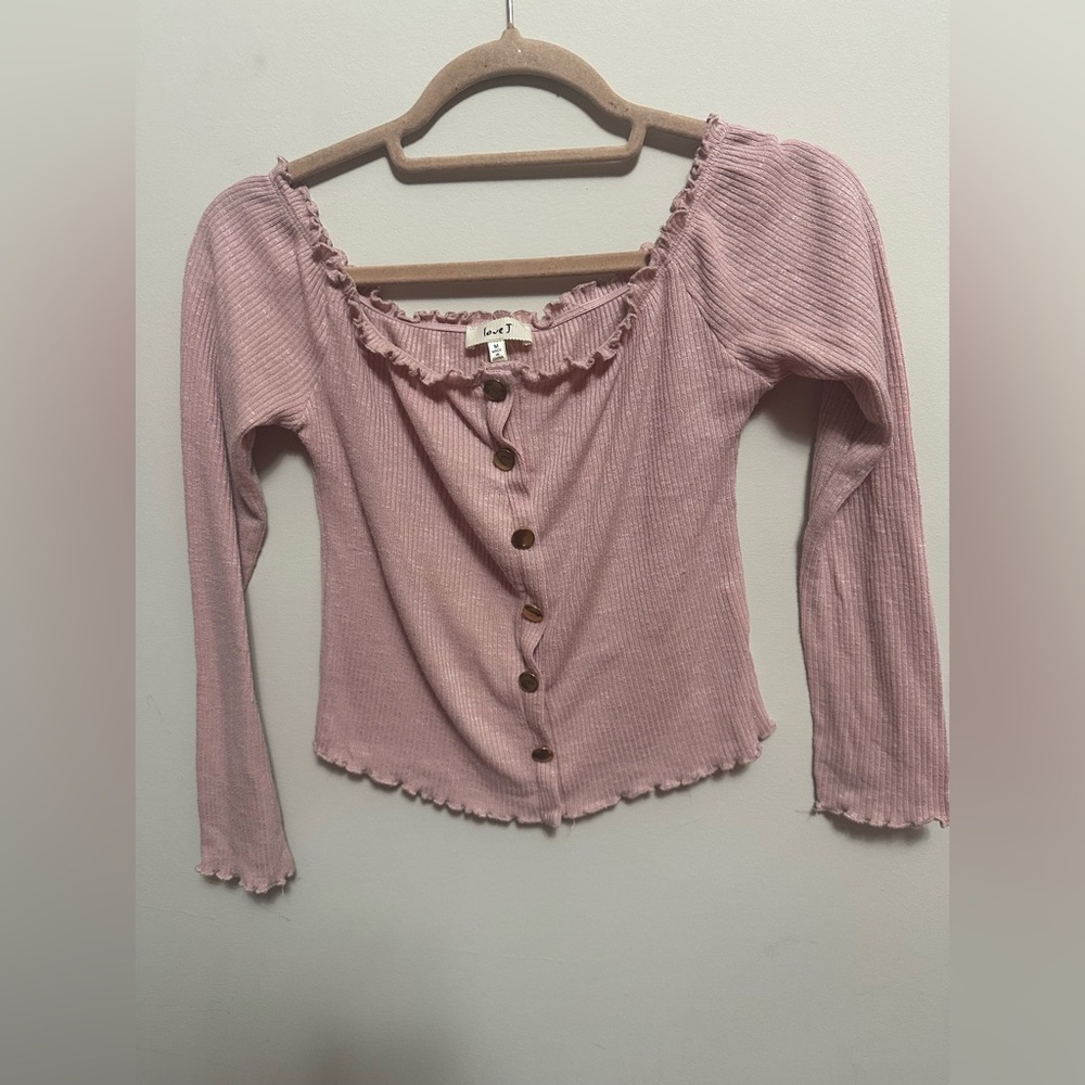 y2k Love J Ribbed Lettuce Hem Button Front Long Sleeve Top Mauve Pink Size M